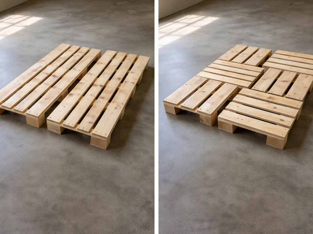 Two side-by-side pallet arrangements: aligned in one direction and alternating in a brick-bond pattern.