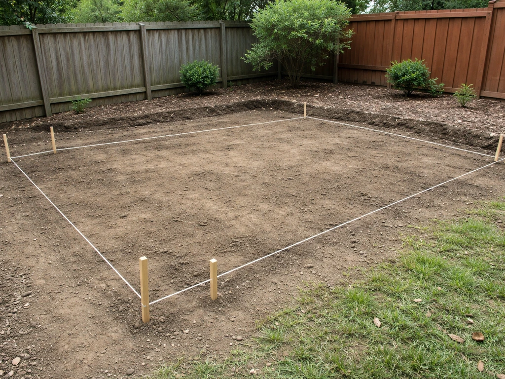 Wood stakes with taut string marking a deck footprint over cleared ground and landscape fabric