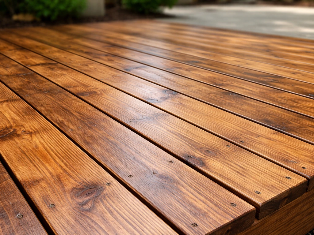 Close-up of weatherproof sealed pallet wood deck boards with visible grain and subtle sheen.