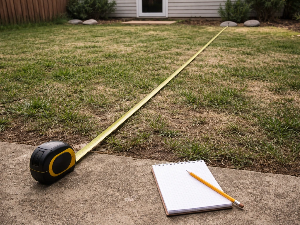 Tape measure stretched across a backyard patio area beside a notepad near the back door/property line.