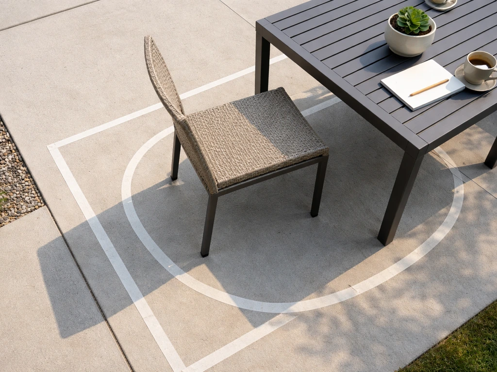 Patio layout with dining chair pulled out and tape lines showing clearances and walkways.