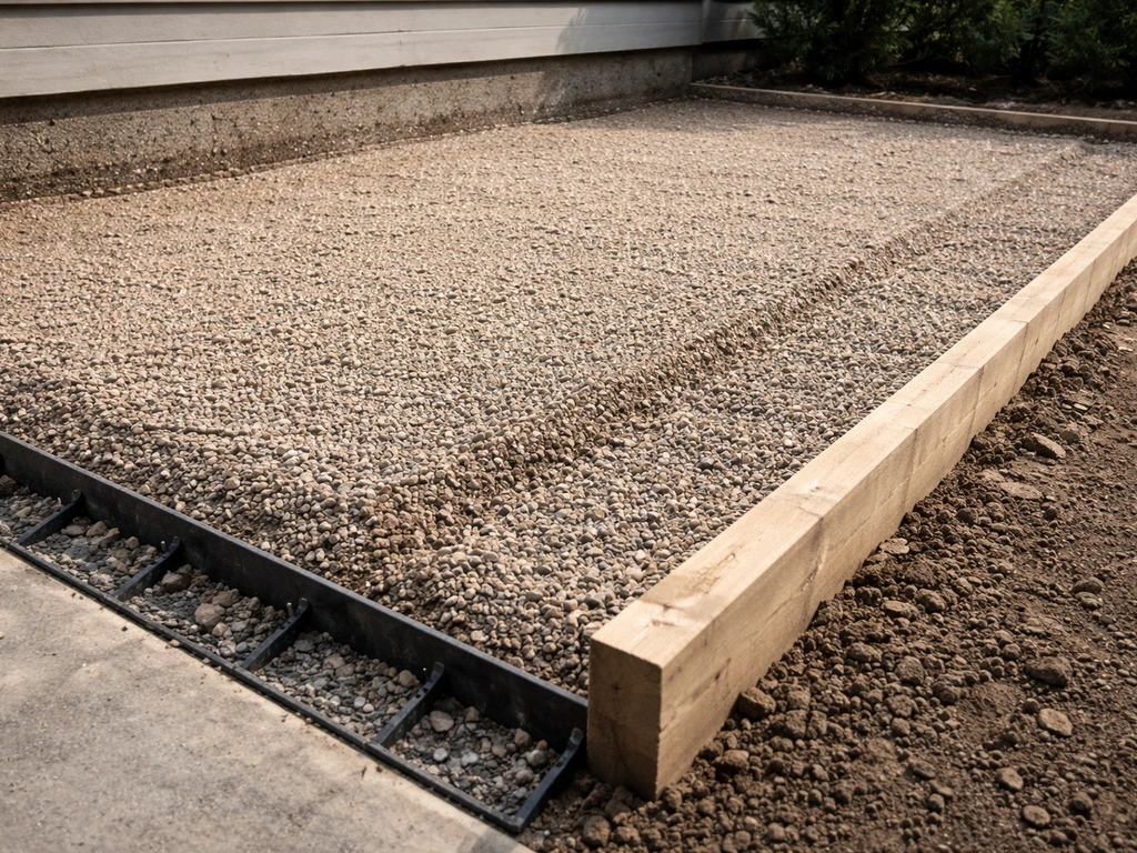 Close-up of a sloped patio base with edge forms and drainage grade direction away from a foundation.