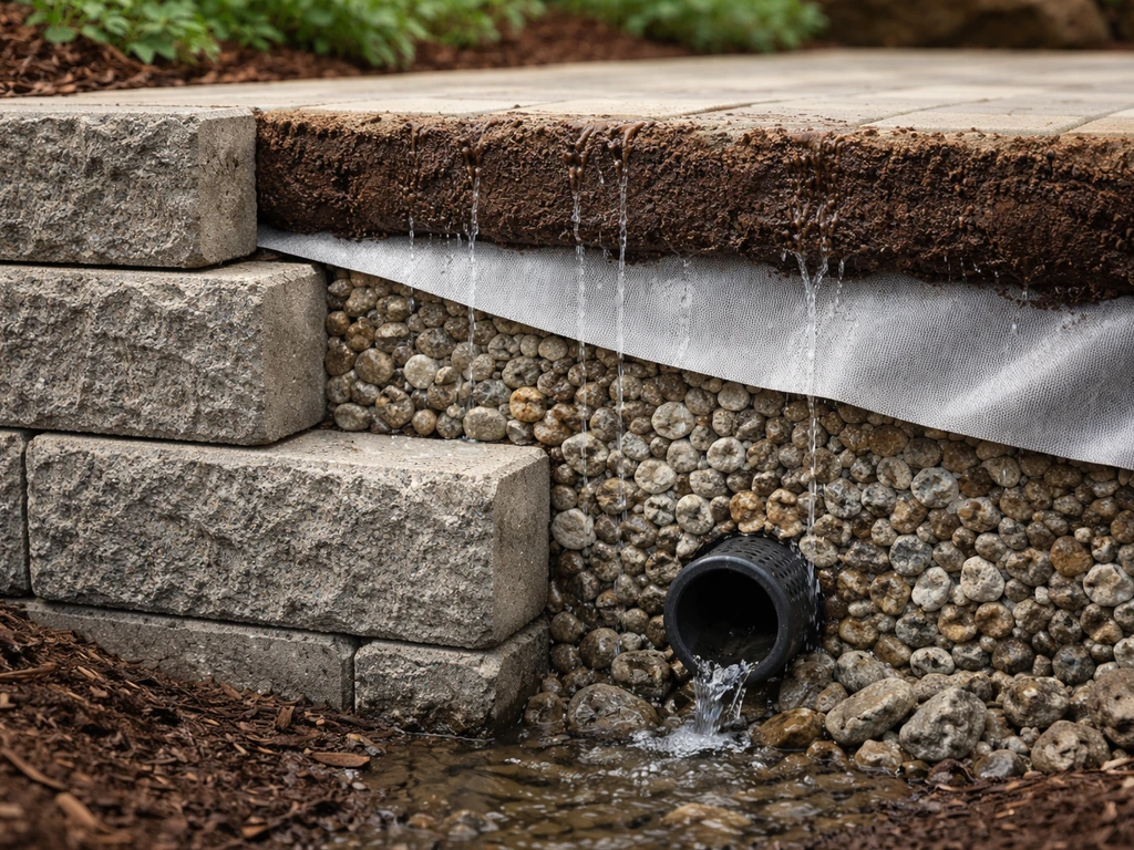 Minimal photo of a retaining wall section with gravel drainage layer and water flowing to a weep area.