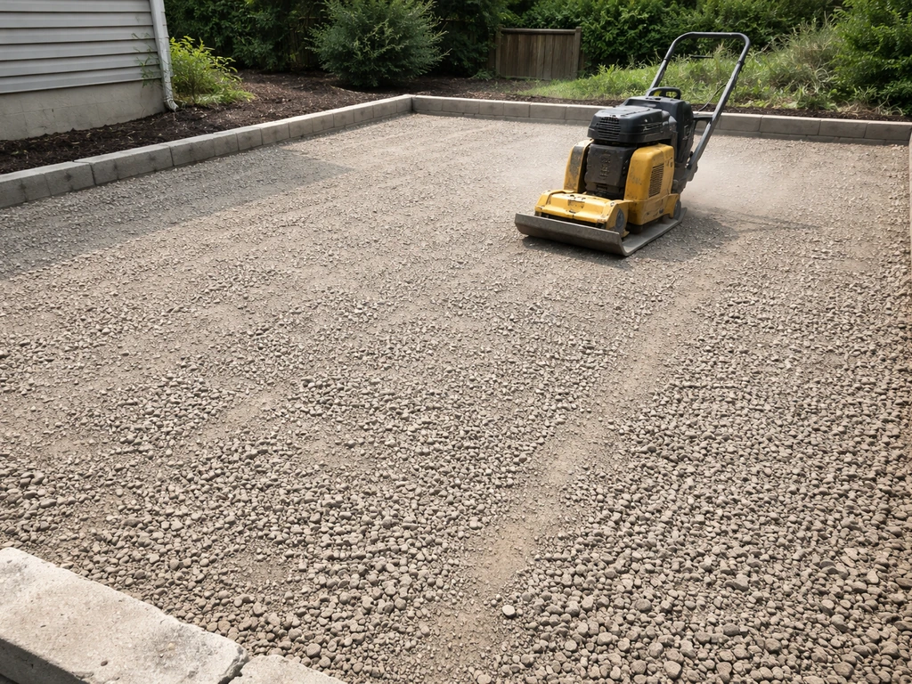 Plate compactor compacting a freshly spread dense-graded aggregate base on a residential patio footprint