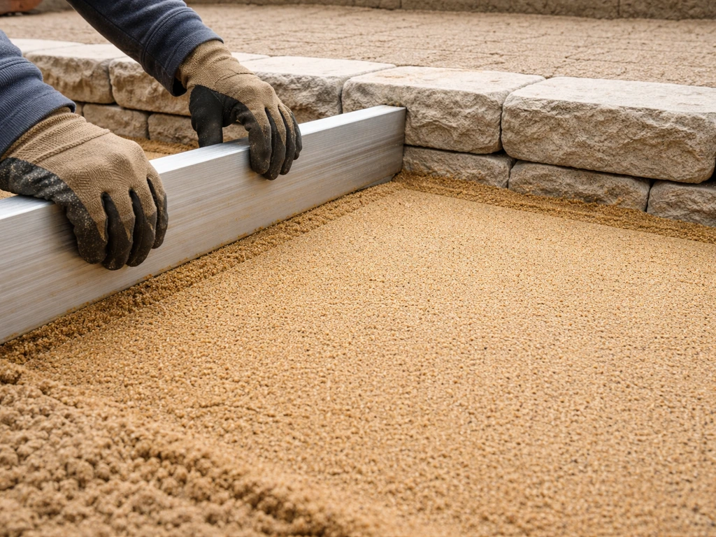 Gloved hands leveling bedding sand at the patio base edge where it meets a wall cap.