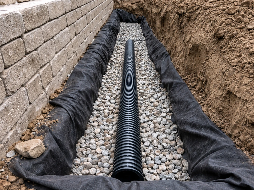 Gravel and a perforated drain pipe installed behind a retaining wall with geotextile fabric in a trench.