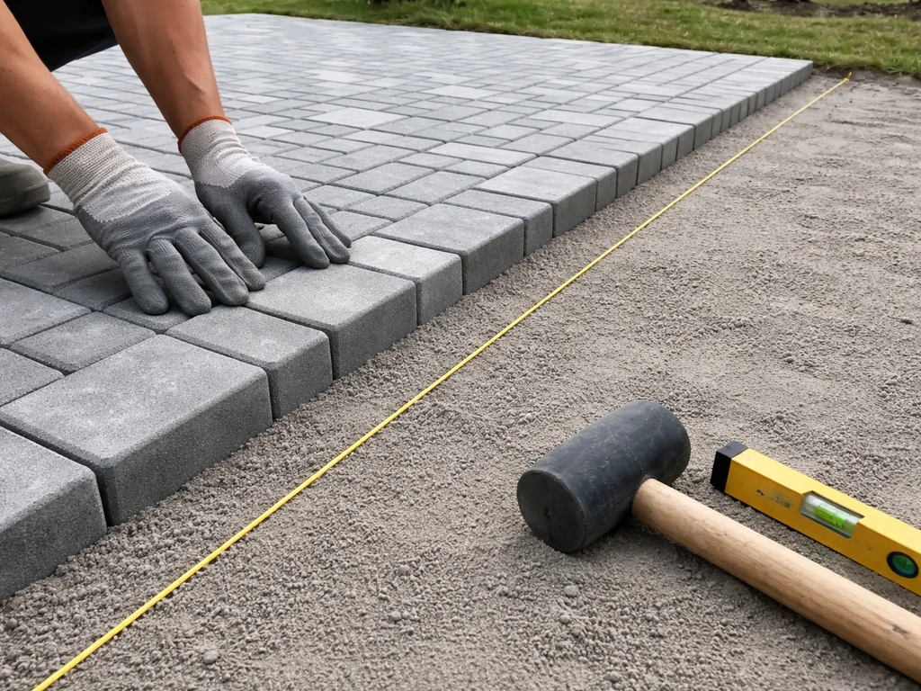 Gloved hands laying concrete pavers in a straight pattern with tight, aligned joints over bedding sand