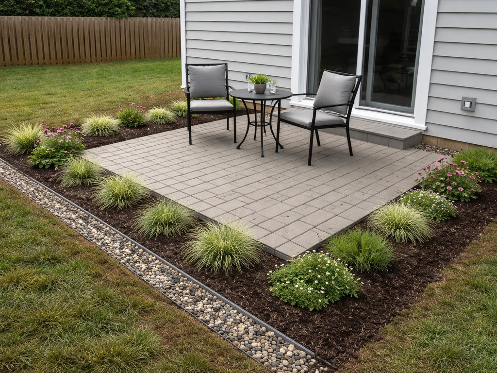 Finished small paver patio with compact plants along the edges and neat drainage details.