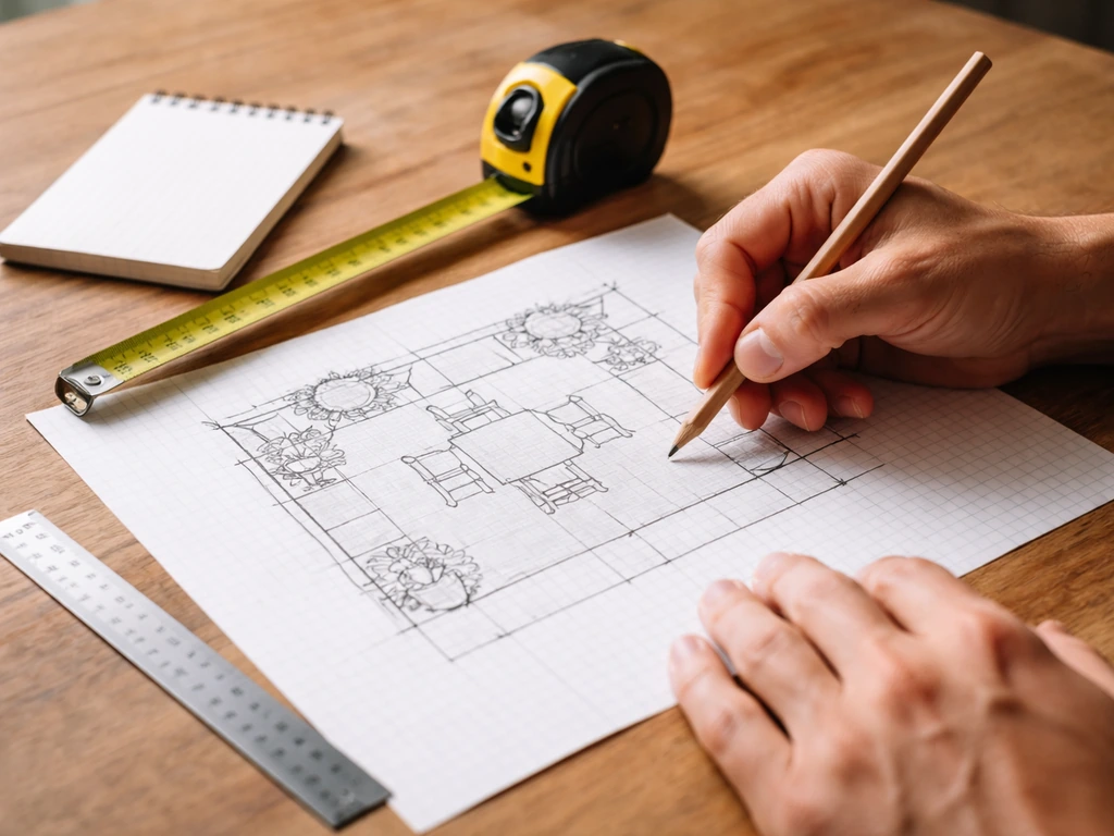 Hands sketching a scaled small patio layout on graph paper with a tape measure on a table