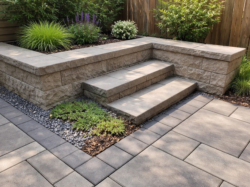 Raised planter seat wall with integrated edging and steps defining zones on a small patio