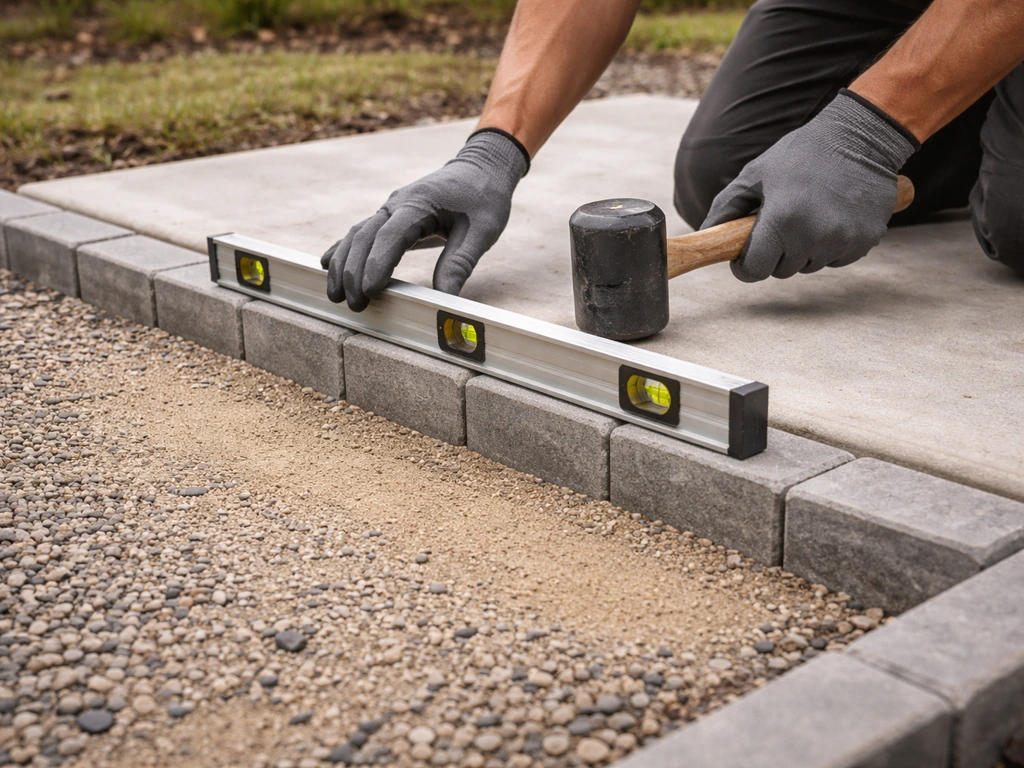 Hands using a level and laying concrete pavers for a small patio base with edge stones