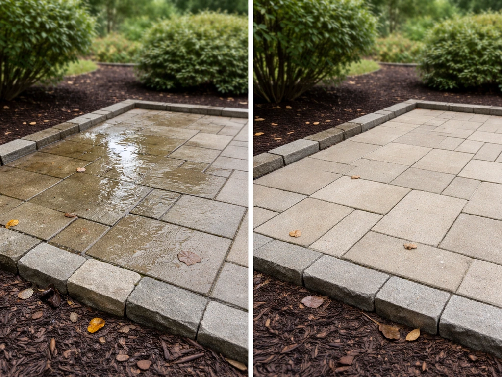 Small patio before-and-after: water pooling fixed with proper grading and aligned edging