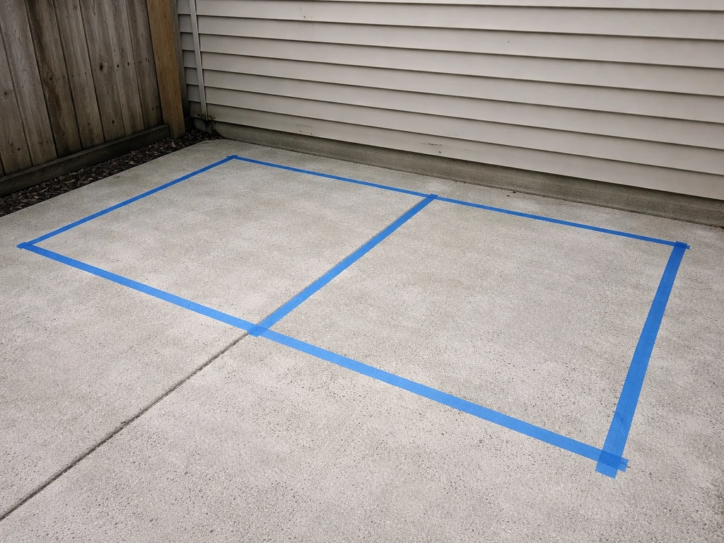 Painter’s tape outlines a small patio footprint on concrete, showing an approximate layout shape.