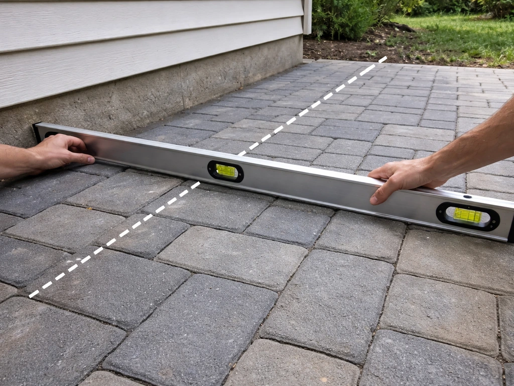 Hands using a level on pavers to check patio drainage slope away from a house foundation