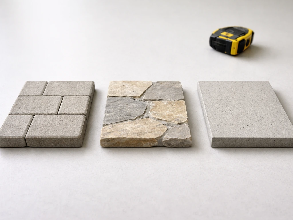 Photo of three patio material samples—concrete pavers, stone stepping stones, and concrete—laid out on a tabletop.