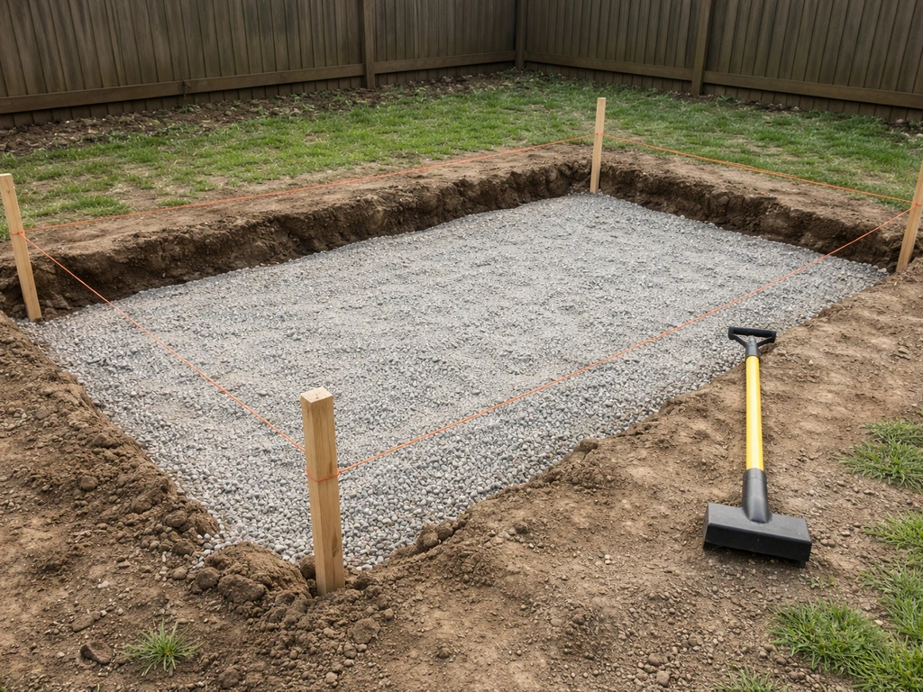 Backyard patio area marked with stakes and string, showing an excavated base filled with compacted gravel.