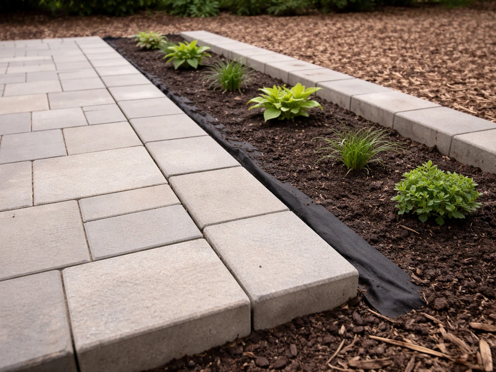 Small patio perimeter planting bed beside pavers with landscaping fabric and starter plants