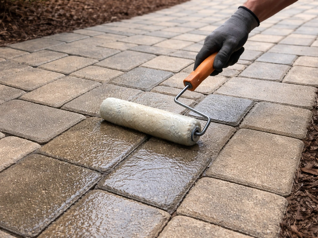 Gloved hands roll paver sealer on patio pavers, showing wet-to-dry color contrast.