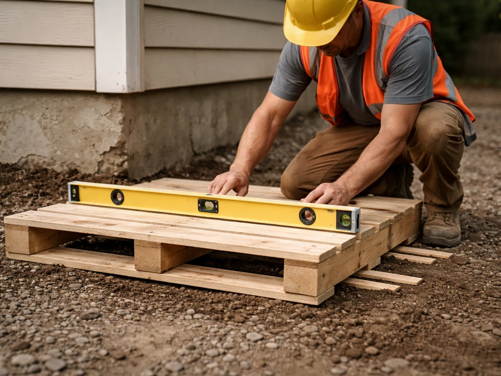 Worker kneels beside a leveled pallet at a corner, using shims and a 4-foot level on uneven ground.