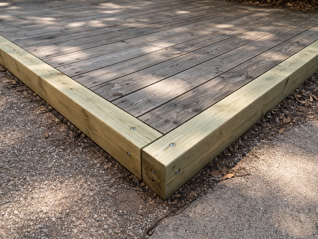 Patio edge with pressure-treated 2x4 boards installed along the perimeter for a clean, safe finish.