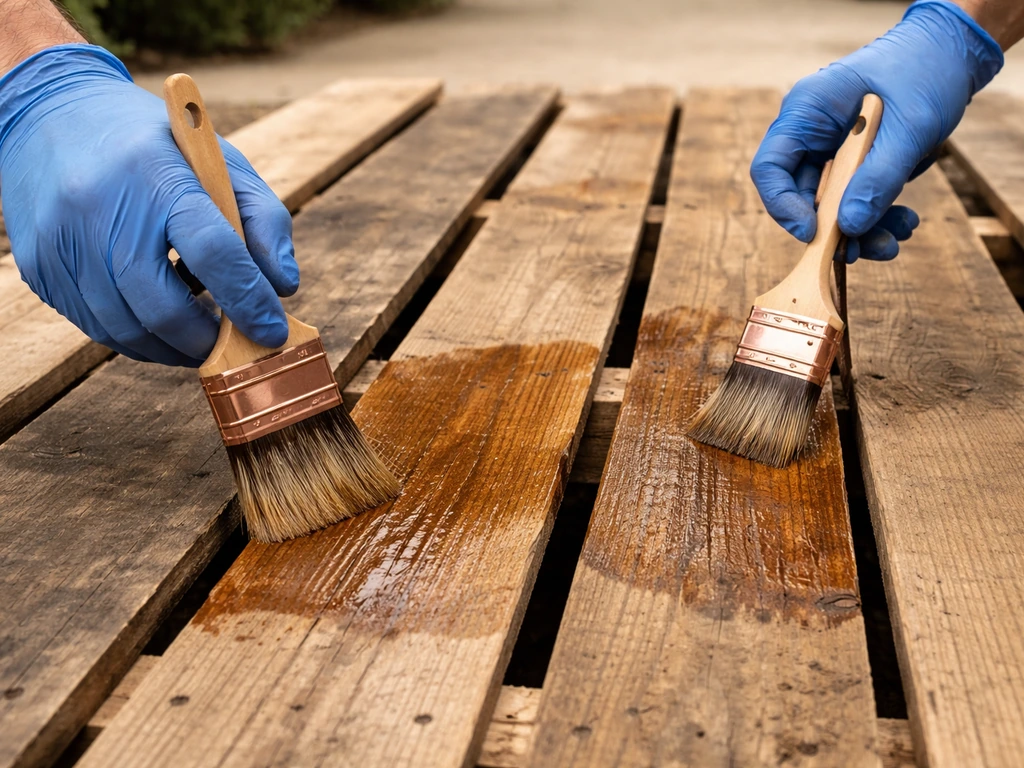 Gloved hands brushing outdoor sealer onto dry pallet wood planks, wet finish showing weatherproofing.